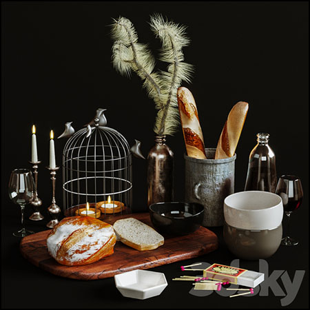 厨房面包火柴蜡烛等装饰品3D模型素