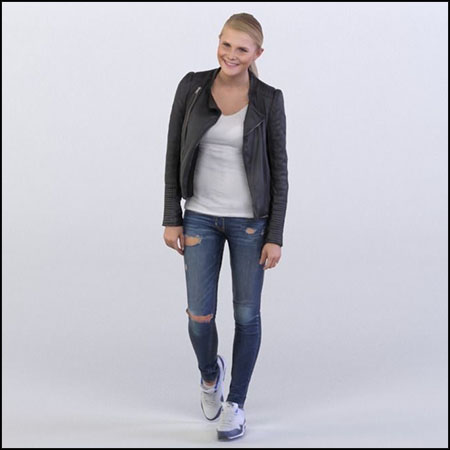 穿皮夹克行走的微笑女人3D模型16设计网精选