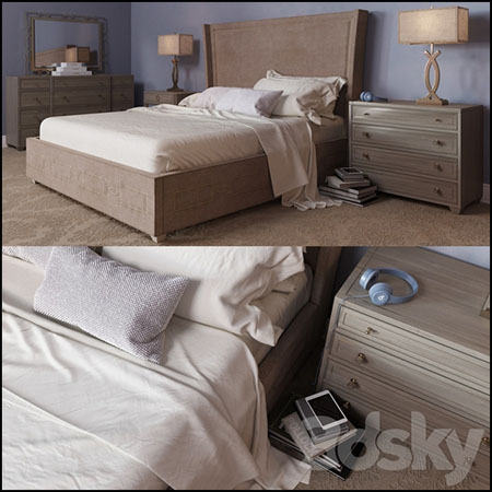 实木双人床床头柜和梳妆柜3D模型素材天下精选