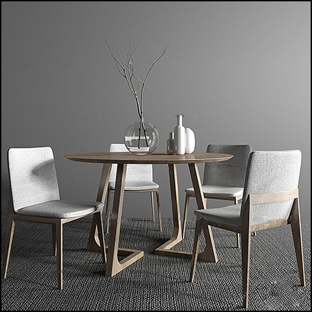 北欧实木圆形餐桌和餐椅组合3D模型16设计网精选