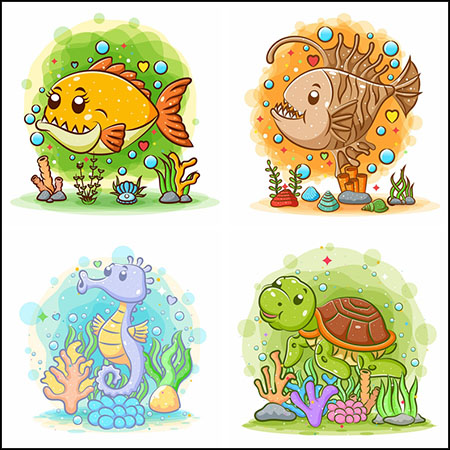 4款海洋生物海鱼 乌龟和海马矢量水彩插图