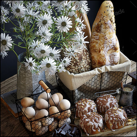 现代面包鸡蛋蛋糕和花卉美食3D模型素材天下精选