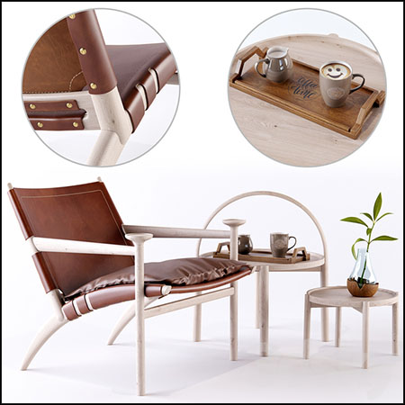 扶手休闲椅和咖啡花卉3D模型素材天