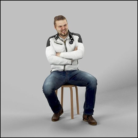 穿着夹克和牛仔裤双臂交叉坐在凳子上的男人人物3D模型