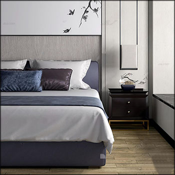 新中式布艺双人床床头柜吊灯组合3D模型素材天下精选