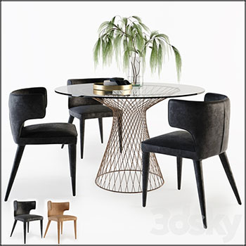 餐桌和圆形藤编玻璃餐桌3D模型