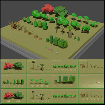 40个低多边形树木绿色植物3D模型素材天下精选