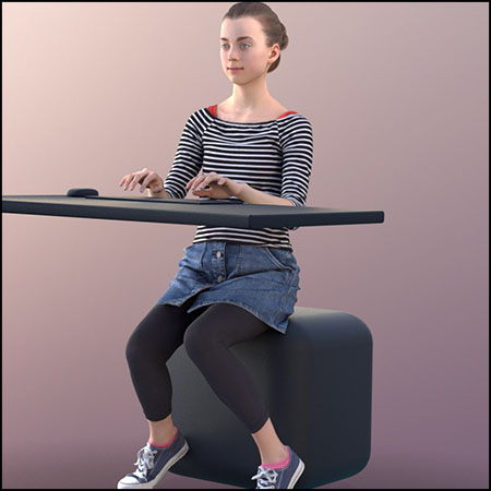 打电脑姿势办公的女孩3D模型素材天下精选
