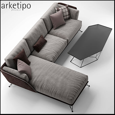 转角布艺沙发和多边形茶几3D模型素材天下精选