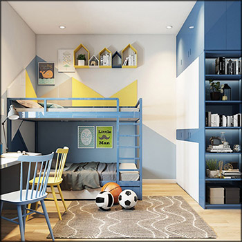 上下铺双人床和书柜组合儿童卧室场景3D模型16素材网精选