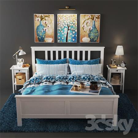 宜家白色双人床和床头柜系列3DMAX模型