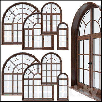 拱形木质铝质塑料边框玻璃窗户3D模