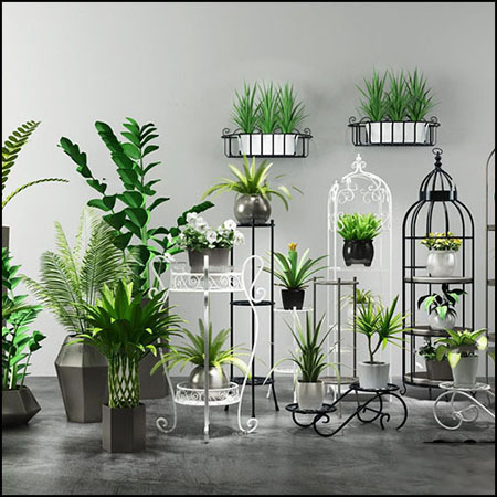 田园绿色植物盆栽和花架3D模型16设计网精选