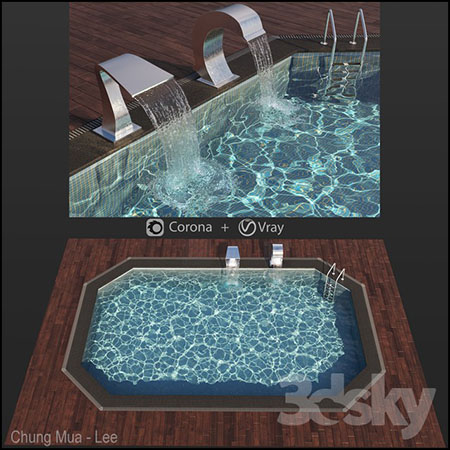 带有梯子和瀑布的游泳池3D模型16图
