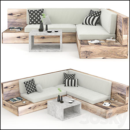 实木材质转角沙发户外家具3D模型