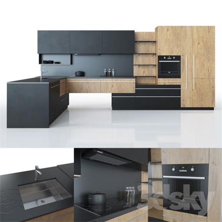 灰色背景的厨房和厨房用具3D模型16素材网精选