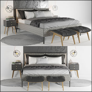 欧式双人床和简约床头柜3D模型16素材网精选