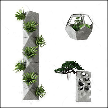 石头装饰花盆盆栽绿色植物3D模型