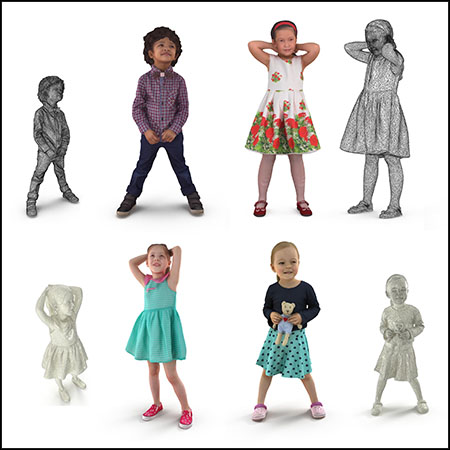4个低多边形男孩女孩儿童人物3D模型