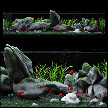 鱼缸内石头和小鱼场景3D模型16设计