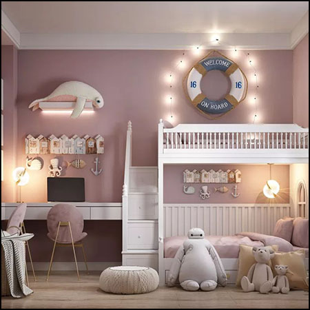 上下铺双层儿童床儿童房场景3D模型16设计网精选