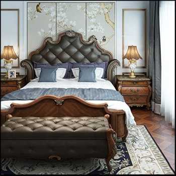 欧式卧室双人床床头柜床头灯组合3D模型16设计网精选