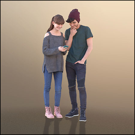 Lisa和Clark看手机的情侣人物3D模