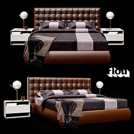 咖啡色欧式皮质双人床和床头柜3DMAX模型