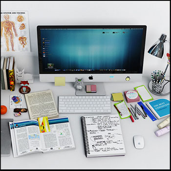 办公桌上的办公用品和苹果电脑3D模