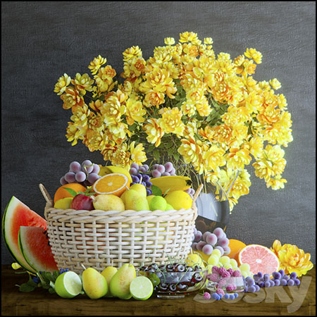 装满新鲜水果的水果篮和花卉花瓶3D模型16设计网精选