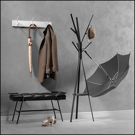 衣帽架衣服伞具和换鞋凳3D模型素材