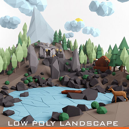 低多边形游戏高山树林湖泊3D模型16