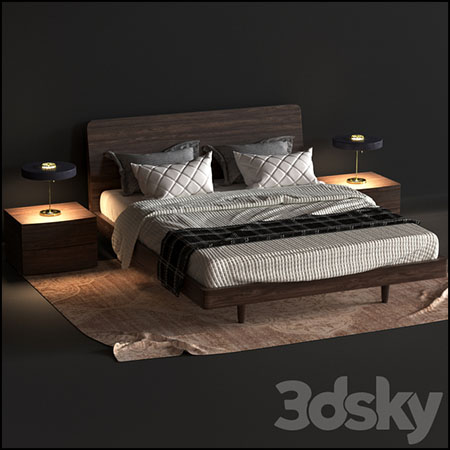 实木双人床床头柜和床上四件套3D模型16素材网精选
