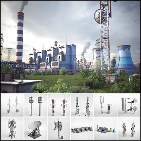 37款工业建筑道具天线、能源杆、发电站和加油站3D模型
