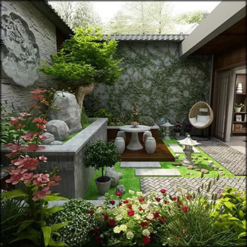 现代新中式庭院花园阳台景观3D模型