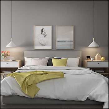 欧式卧室双人床床头柜挂画组合3D模型16设计网精选