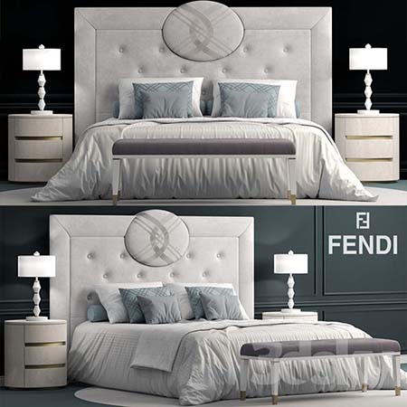 芬迪家具浮雕欧式床和台灯枕头等3D模型