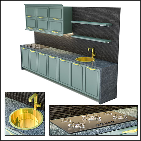 厨房橱柜灶具和水池整体套装3D模型