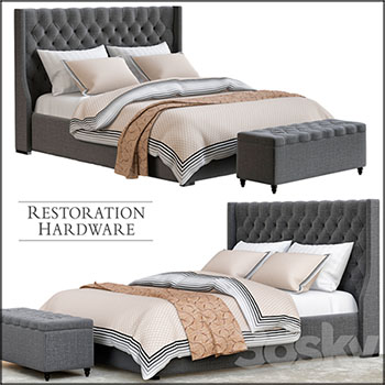灰色风格欧式双人床及床上四件套3D模型