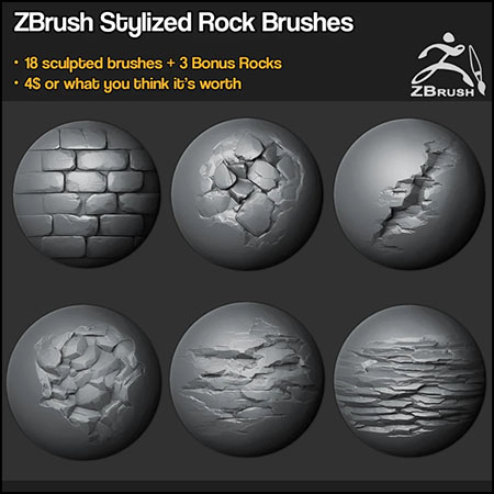 Zbrush 笔刷– 18套岩石笔刷+3个石