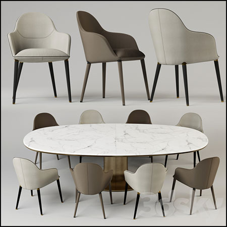 椭圆形大理石餐桌和餐椅3D模型