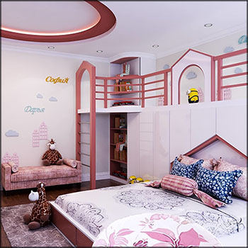 粉色调卡通风格儿童卧室场景3D模型