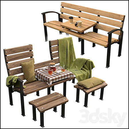 带餐桌的公园长凳长椅3D模型16设计