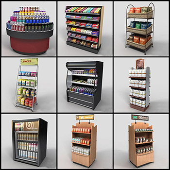 9款现代超市货架零食饮料展示架3D