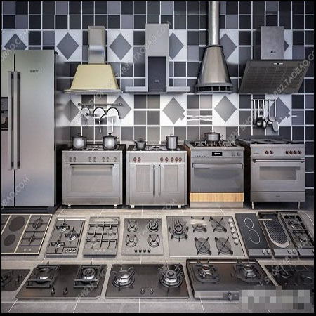 现代厨房电器 灶台油烟机冰箱组合3D模型16设计网精选