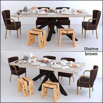 Dialma棕色餐桌餐椅套装组合3D模型