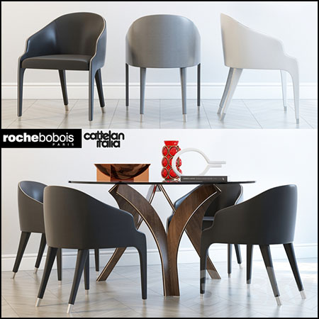 圆形餐桌扶手椅和装饰品3D模型