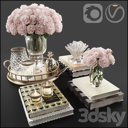 玫瑰花和水晶花瓶书籍装饰品3D模型