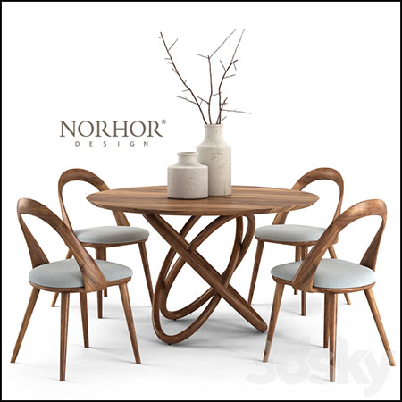 NORHOR Bergen圆桌餐桌和胡桃木椅3D模型