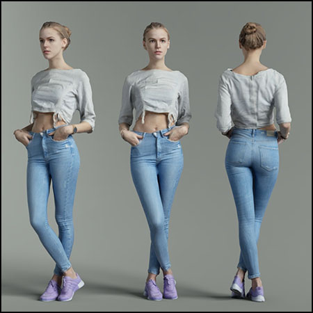 穿牛仔裤摆姿势的休闲女人3D模型